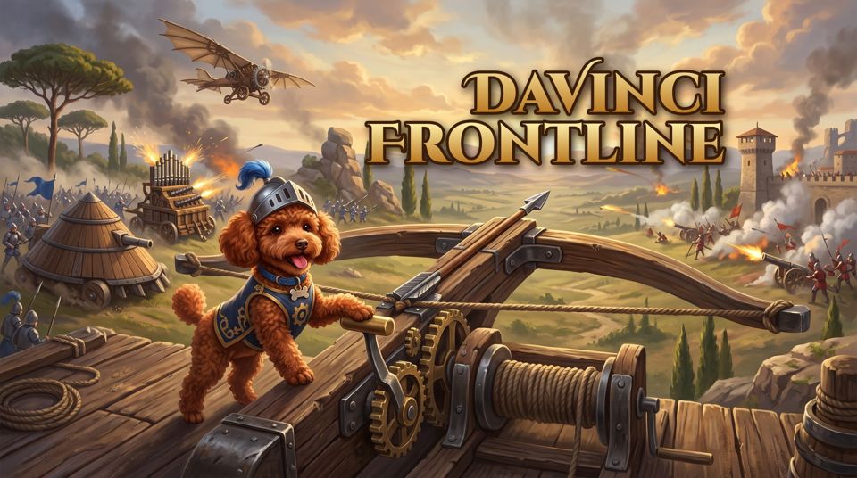 DaVinci Frontline title art: Teddy the dog in armour beside a giant crossbow, with Leonardo da Vinci's war machines in battle